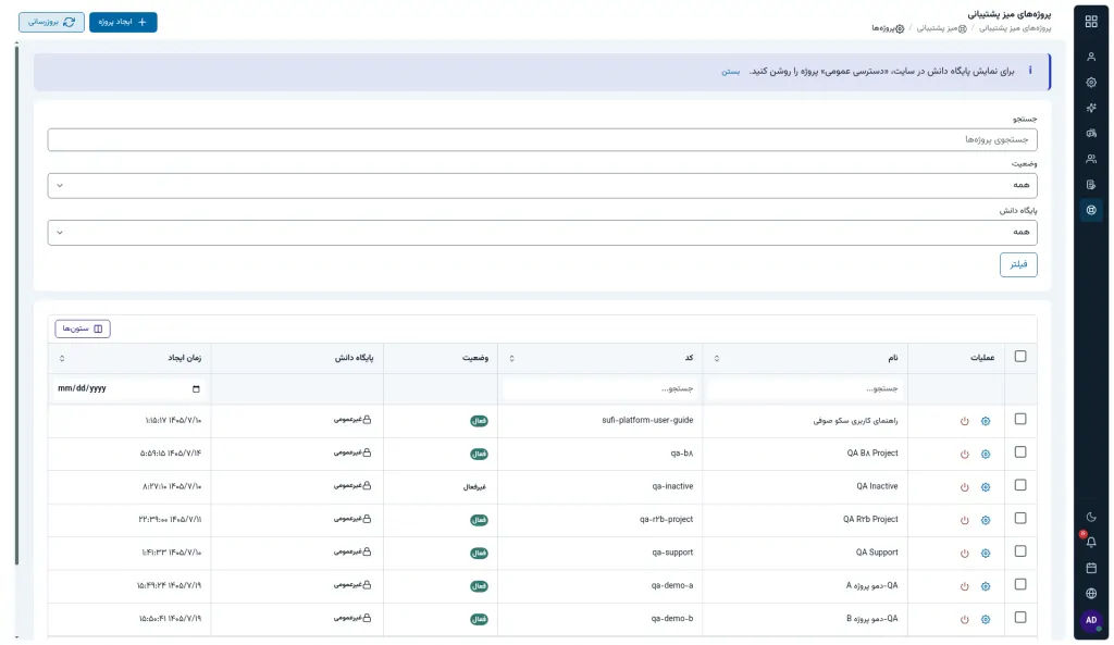 Projects screen