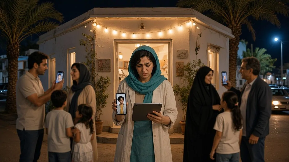 شب، جلوی در رستوران در خیابانی نخل‌دار؛ دو خانوادهٔ مسافر از دو طرف گوشی‌شان را نشان می‌دهند و مریم در میانه، تبلت در یک دست، گوشی‌ای را گرفته که آرش با عینک گرد در تماس تصویری روی آن دیده می‌شود.