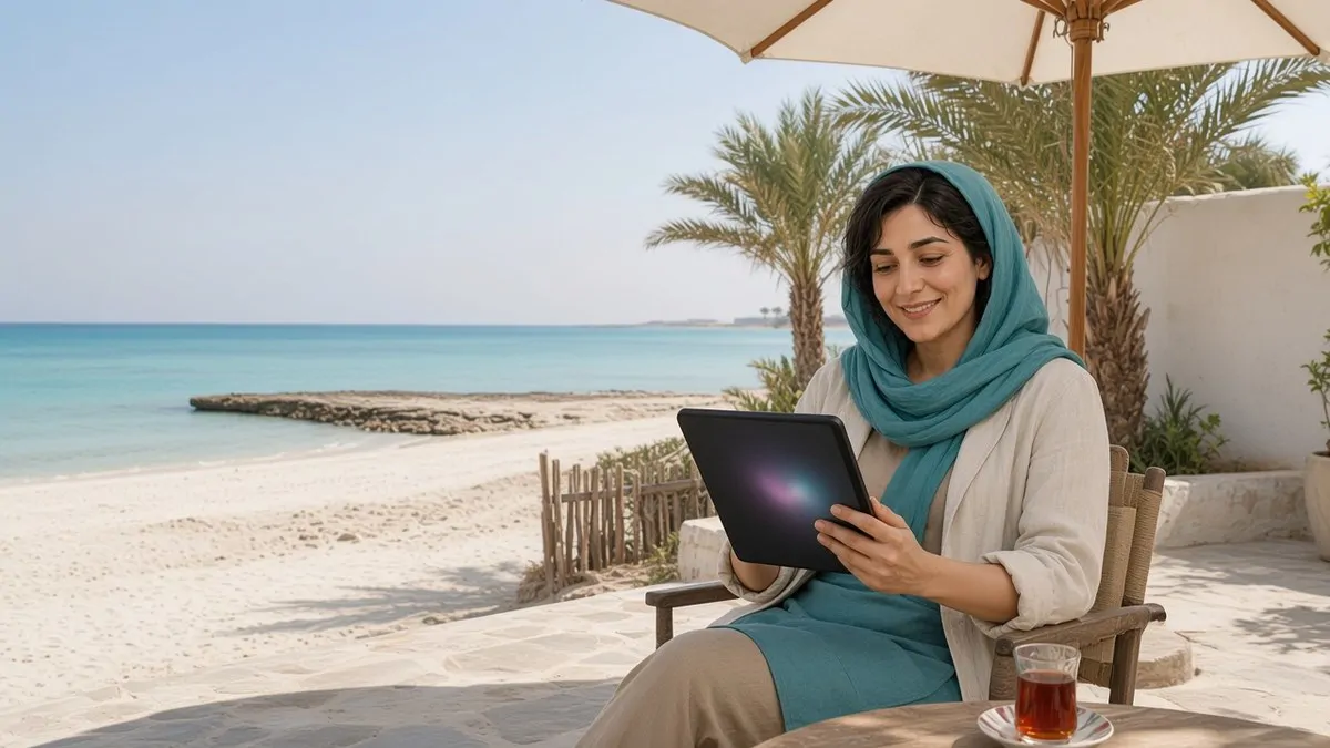 Maryam works on a tablet on the sea-facing terrace in the morning, beside a glass of tea, smiling with relief.