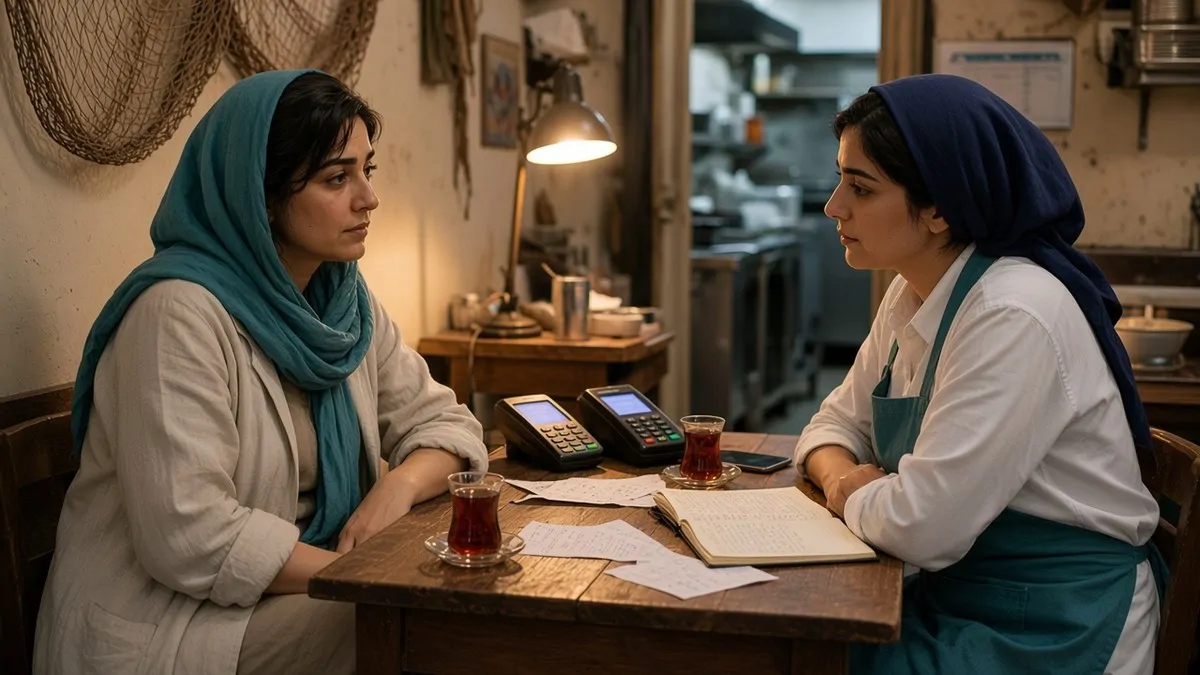Midnight in the small room behind the restaurant kitchen: under a desk lamp, Maryam in a turquoise headscarf and Nazanin in a navy one sit at a small desk with card readers, paper slips, an open notebook and a phone in front of them; Maryam looks at the notebook, tired but calm.