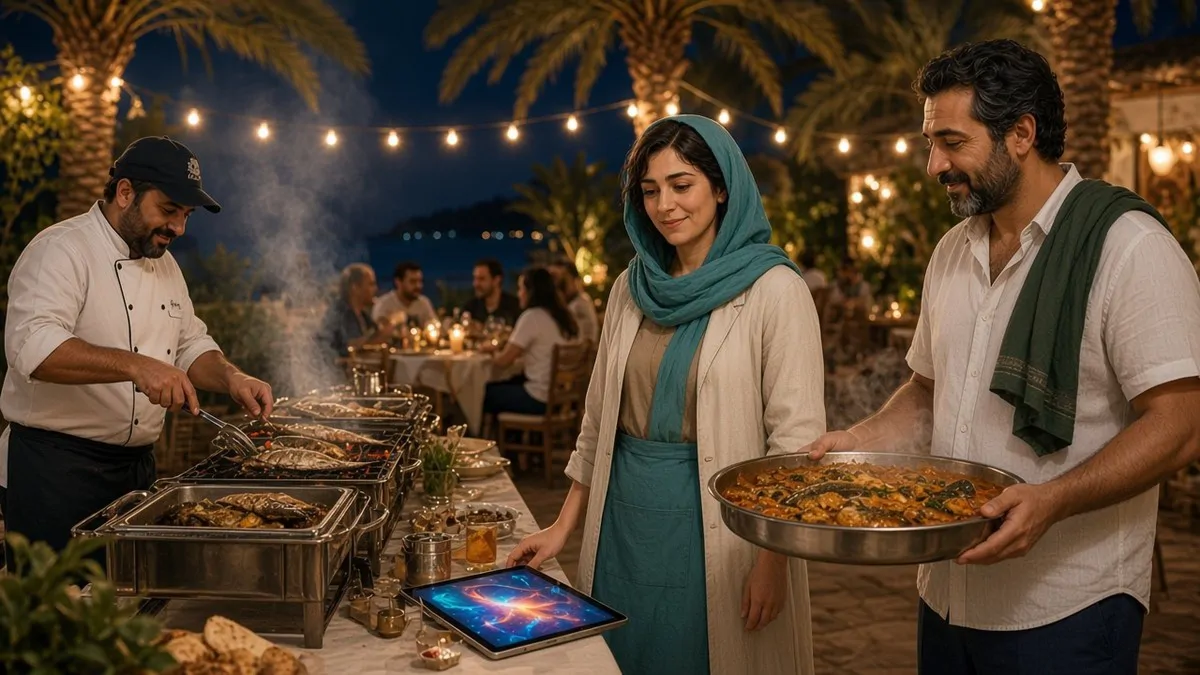 The party night in a seaside villa garden: under string lights, Hassan grills fish over charcoal, Maryam stands by the buffet with a tablet, and Reza brings a tray of ghalieh mahi; guests soft in the background and palms in the breeze.