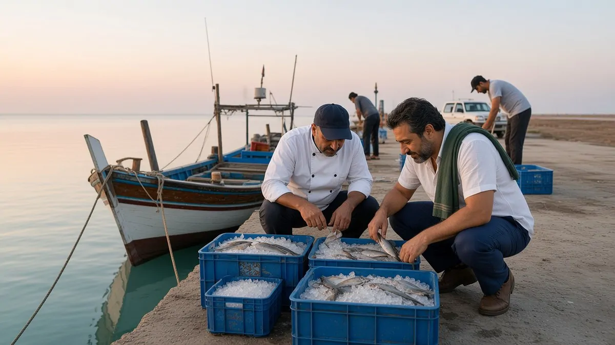 Dawn on a Kish fishing jetty: Reza in a white shirt with a green towel over his shoulder and Hassan the cook in a white jacket and dark cap check crates of fresh fish on ice beside a wooden lenj; a pale pink and blue sky and a calm sea.