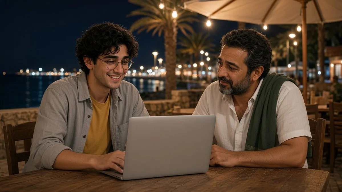 Arash, in round glasses, proudly shows his laptop to Reza on the restaurant terrace at night; Reza looks curious and a little unsure.