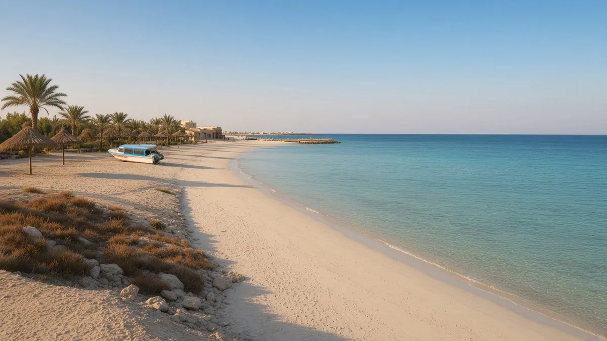 Kish's sandy shore at sunset, with a turquoise sea, palm trees, low coral rocks, thatched sun umbrellas and a small white motorboat on the sand.