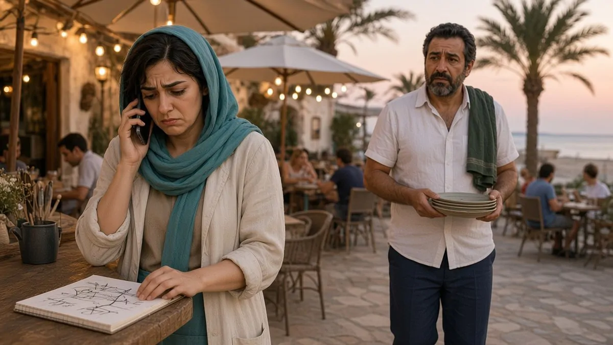 Maryam, in a turquoise headscarf, holds a phone and frowns at a notebook full of crossings-out while Reza passes with plates; the busy restaurant terrace at dusk.