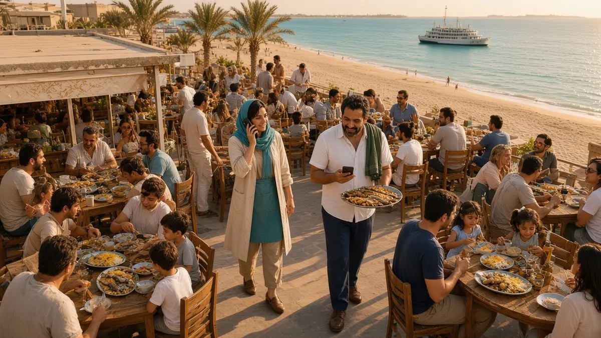 نمایی از بالا از تراس شلوغ رستوران در غروب طلایی نوروز؛ میزها پر از خانواده‌های مسافر است، مریم با روسری فیروزه‌ای تلفن به گوش از میان میزها می‌گذرد و رضا با حوله‌ای سبز روی شانه، سینی ماهی کبابی در دست، به گوشی‌اش نگاه می‌کند؛ پشت سرشان ساحل پرجمعیت و یک کشتی مسافری سفید.